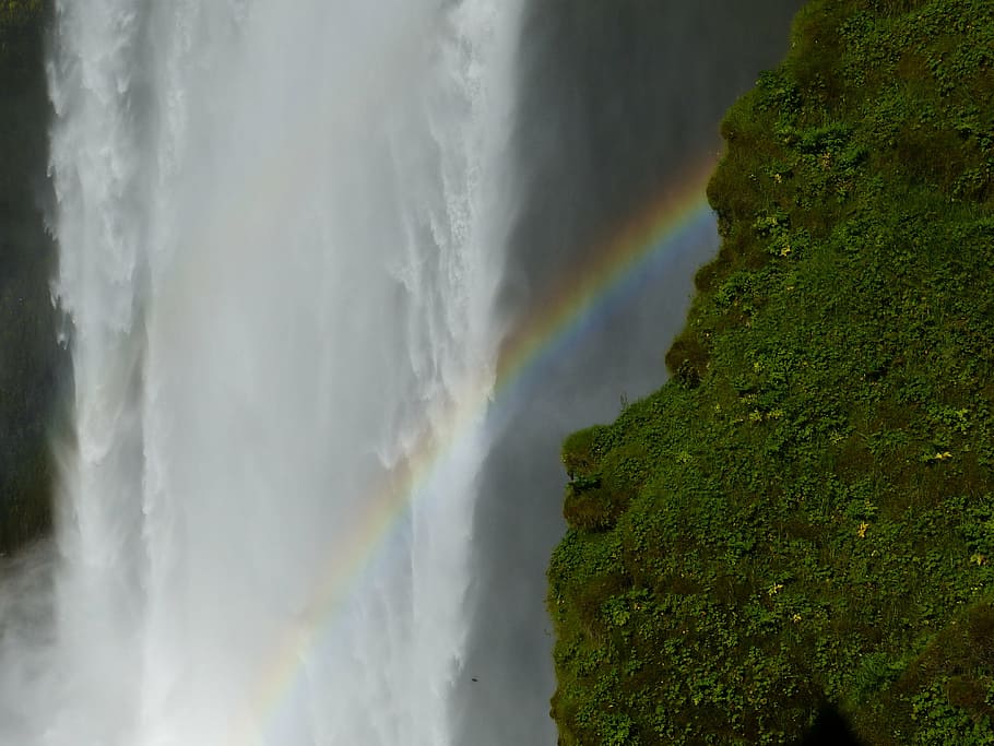 islândia, skogafoss, enorme, natureza, paisagem, impressionante, arco íris, cachoeira, água, rio