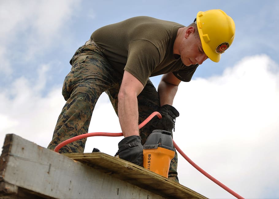person, using, power tool, roof, worker, construction, building, nailing man, male, job