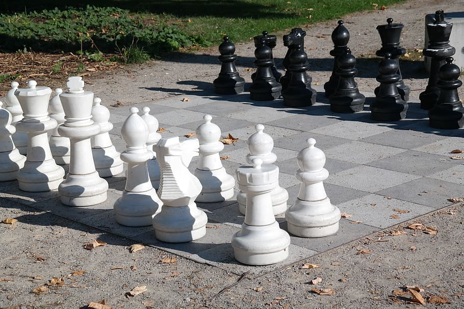 chess, chess board, chess pieces, black, white, chess game, play, figures, lady, king