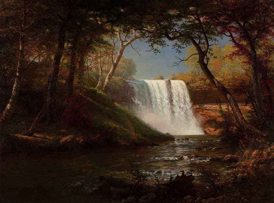 trees, waterfall, daytime, albert bierstadt, art, painting, oil on canvas, nature, outside, landscape