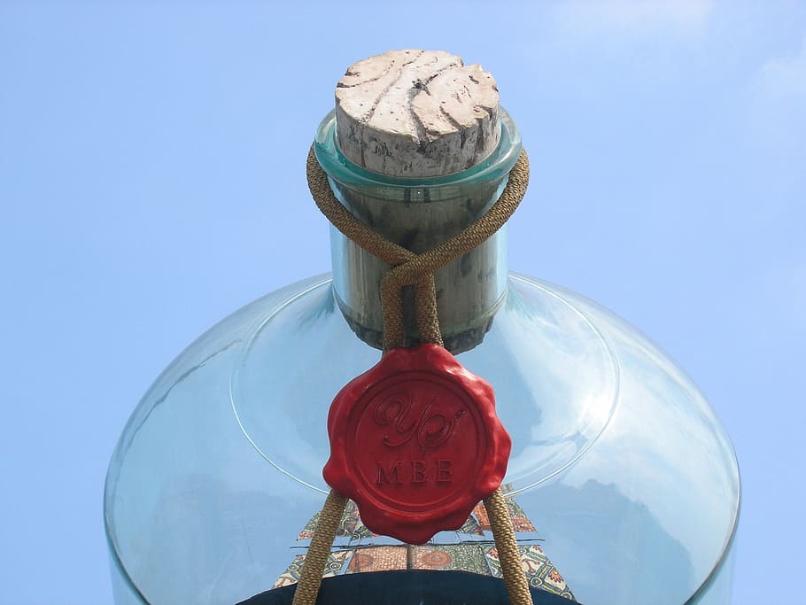 buddelschiff, cork, bottle, seal, oversized, sky, blue, nature, red, day