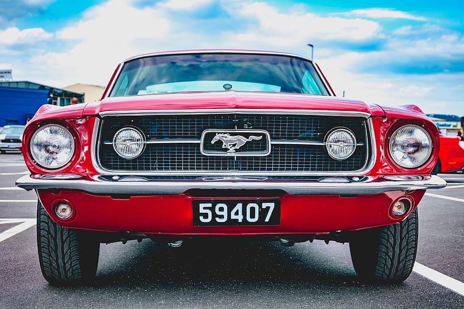 red, ford mustang, parked, parking lot, auto, vehicle, oldtimer, mustang, classic, automotive