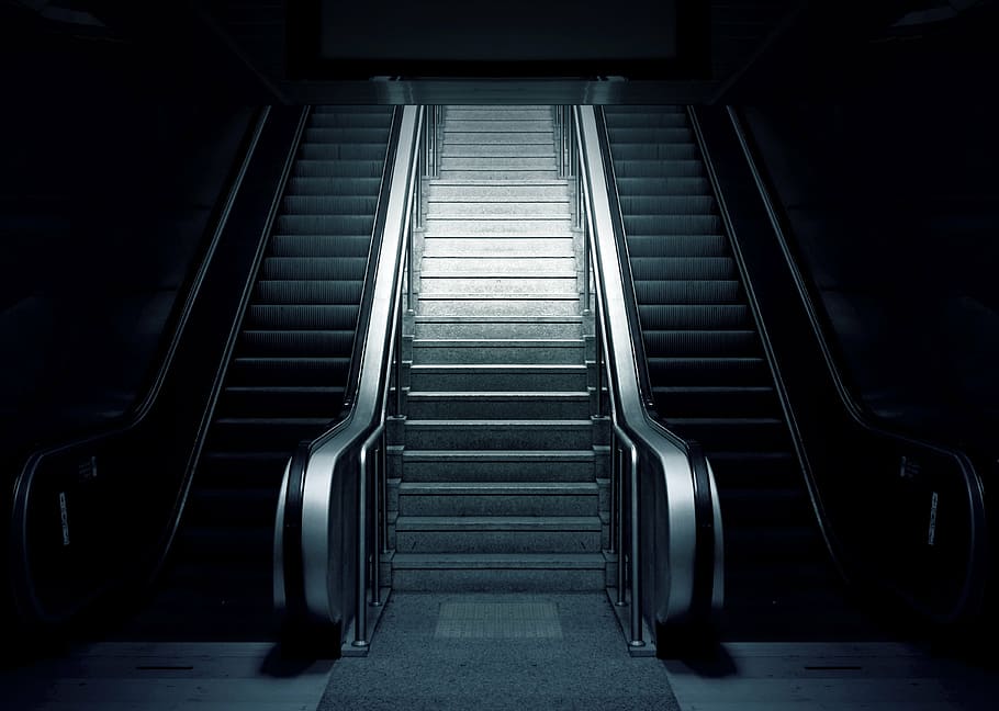 gray escalator, escalator, metro, stairs, subway, urban, station, staircase, stairway, travel