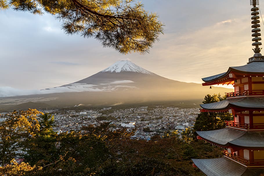 fuji, japan, volcano, mountains, sky, country japan, pagoda red, mountain, architecture, plant