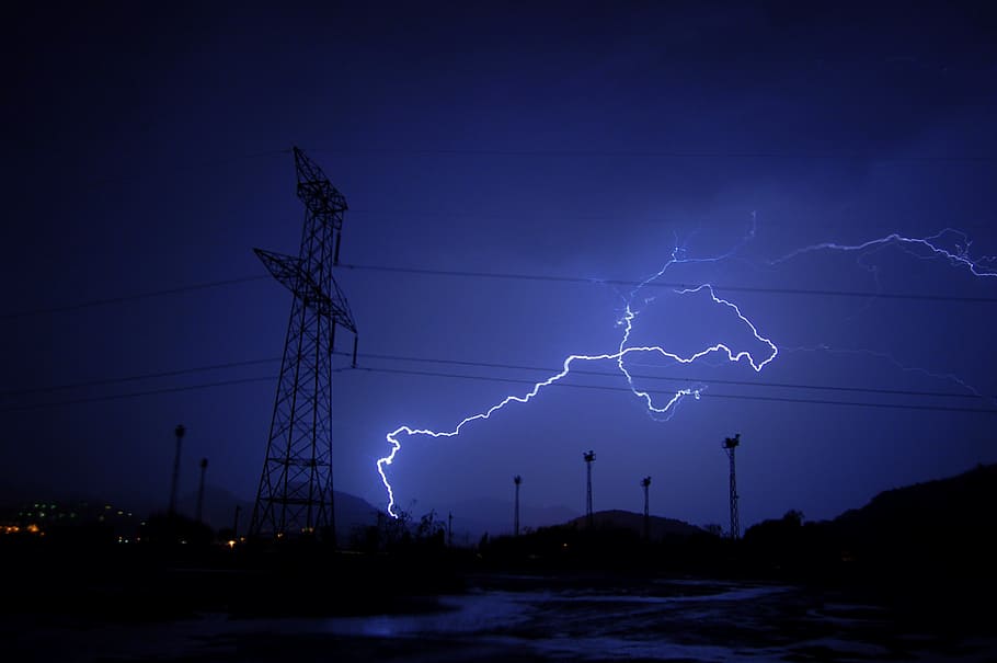 transmission tower, night, lightning, ray, storm, sky, shadows, shadow, power in nature, power
