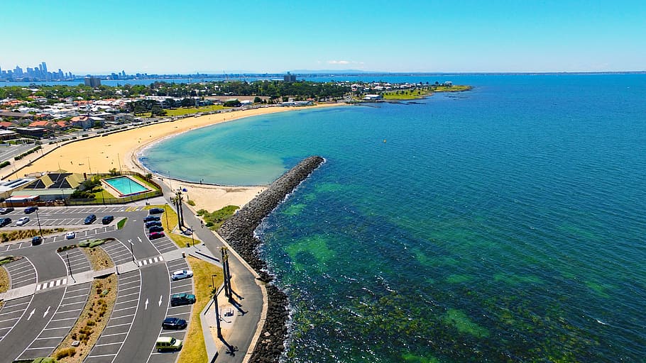 Williamstown, Australia, Victoria, pantai, teluk, melbourne, kaki langit melbourne, samudra, garis pantai, drone