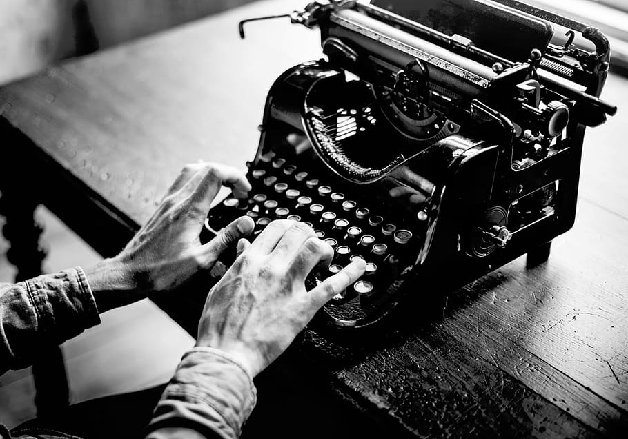 grayscale photo, person, using, typewriter, lifestyle, people, man, guy, typing, working