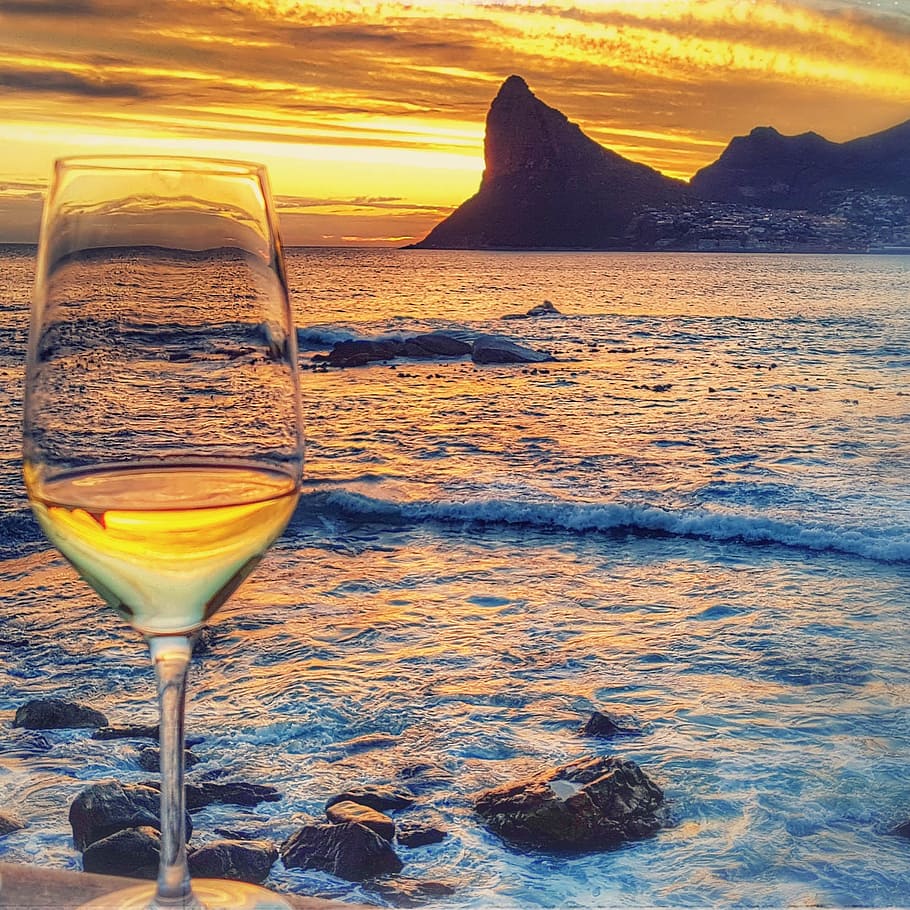 hout bay, chapmans peak, puesta de sol, vino, vidrio, mar, cielo, sudáfrica, agua, roca