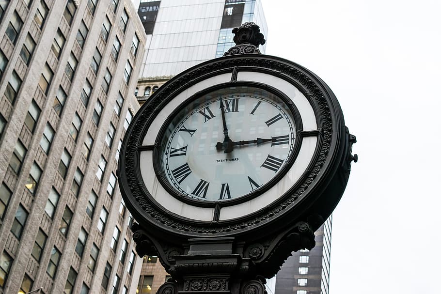 black, analog street pedestal clock, clock, watch, nyc, newyork, old, stopwatch, hour, minute