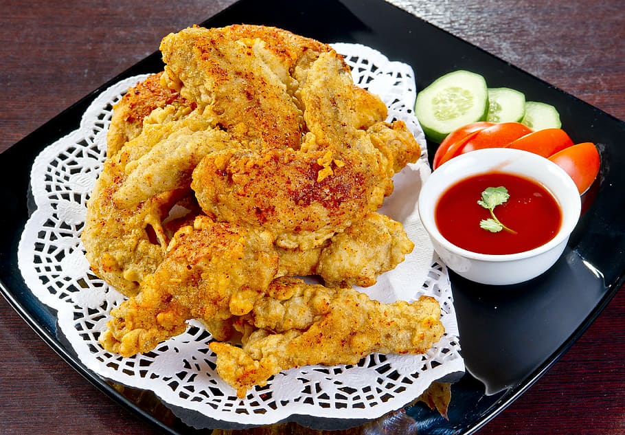 fried, chickens, red, sauce dip, black, plate, food, korean cuisine, chicken wings, nutrition