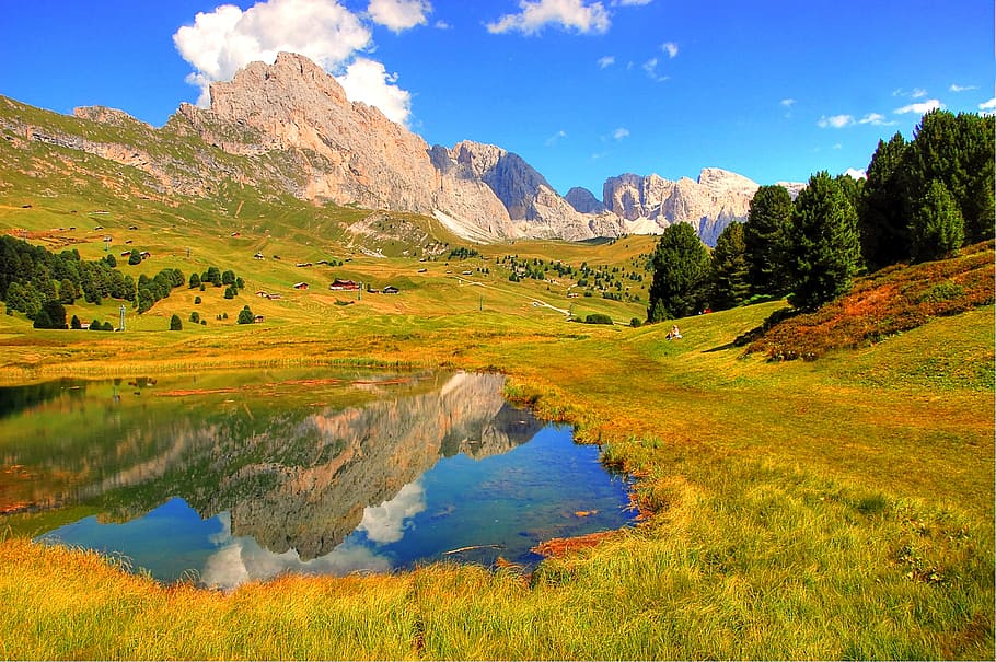 landscape photography, body, water, surrounded, grass, mountain, dolomites, val gardena, nature, landscape