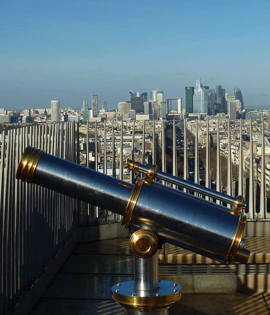 Telescopio, plataforma de observación, Francia, óptica, vista distante, distante, París, reloj, azul, punto de vista