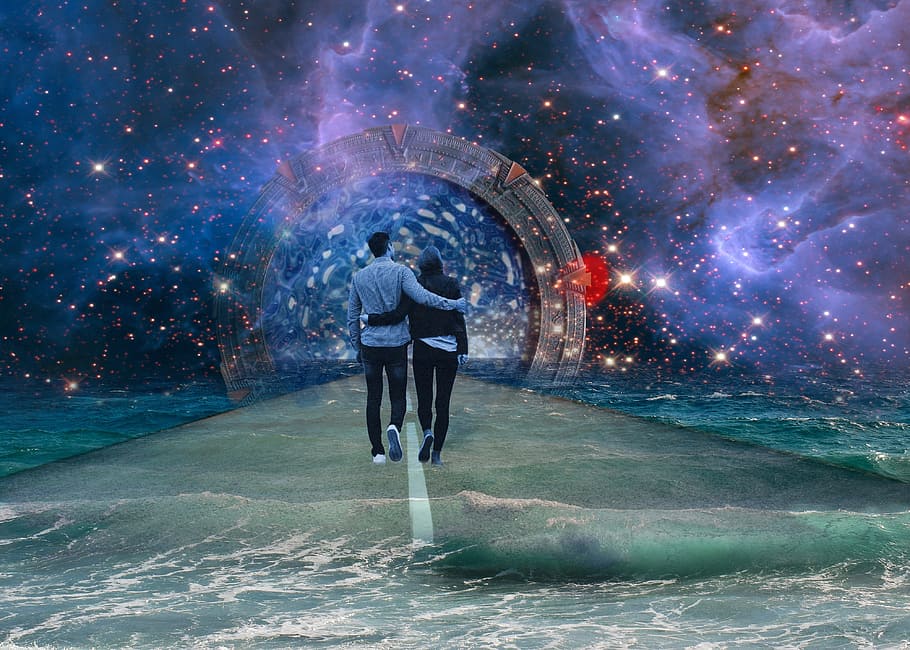 casal, caminhando, em direção a, estrada, Stargate, ficção científica, futurista, nave espacial, viajantes, avançar