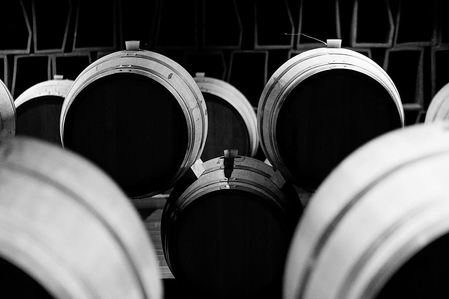 grayscale, wooden, barrels, brown, wine, stock, black and white, metal, steel, abstract