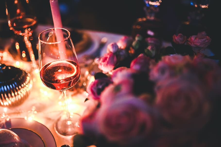 clear, wine glass, liquid, inside, wine, rose, alcohol, party, single, evening