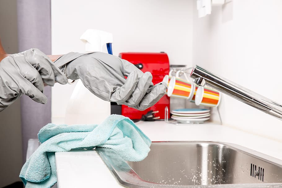 person, wearing, gloves, stainless, steel faucet, cleanliness, maid, maintains, cleaning, household