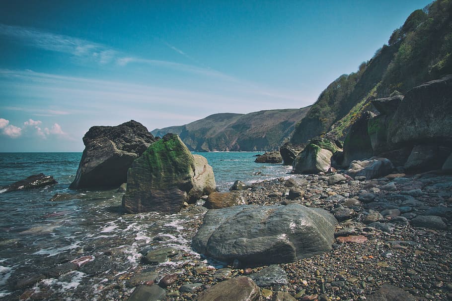 Praia, Lynmouth, Devon, Inglaterra, natureza, costa, oceano, rochas, mar, rocha - objeto