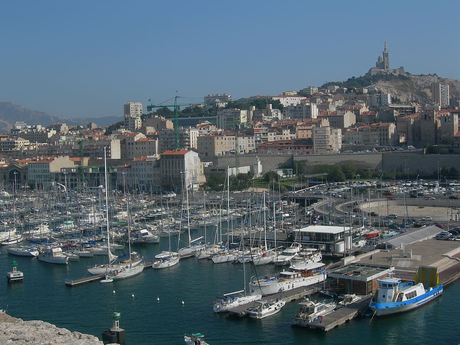 port of marseille, sailboats, boats, basilica, notre-dame-de-la-garde, fortress, city, buildings, boat, panoramic views