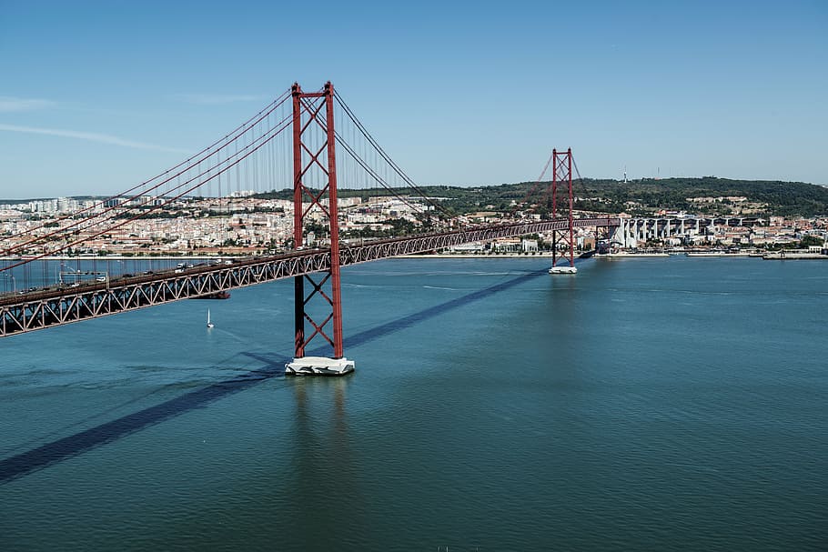 red suspension bridge, abril, bridge, lisbon, lisboa, portugal, tejo, places of interest, panorama, architecture