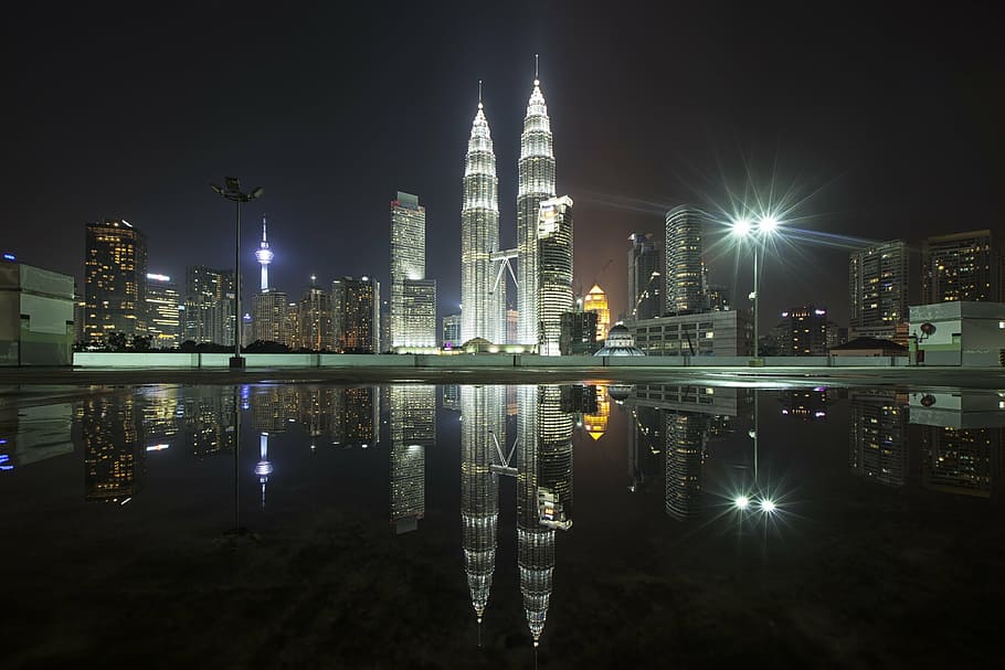 petronas tower, malaysia, nighttime, reflection, photography, petronas, twin, tower, city, landscape