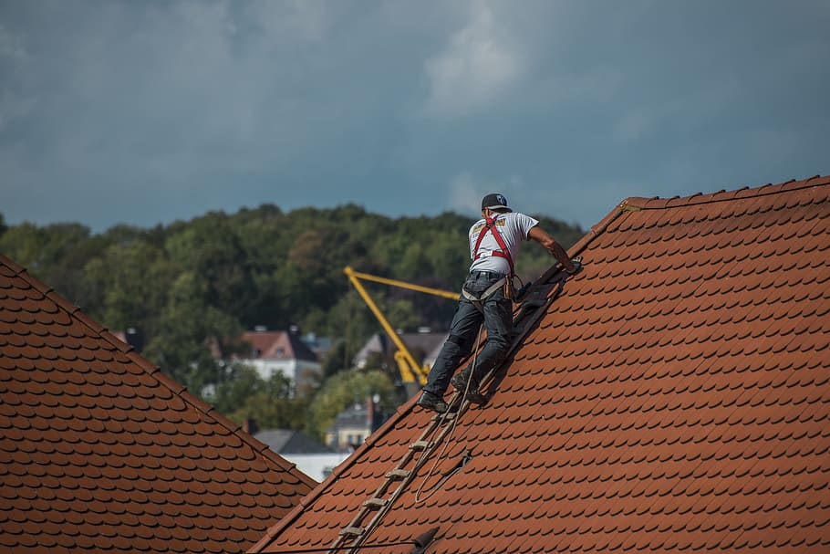 man, climbing, roof, daytime, roofers, roofing, craft, house roof, repair, gable