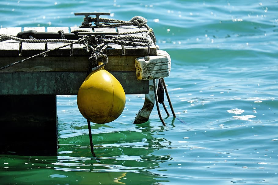 yellow, buoy, hanging, dock, boje, plastic, jetty, ropes, water, sea