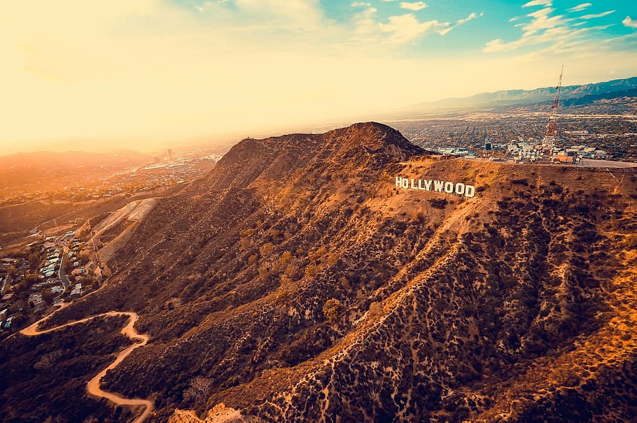 hollywood sign, los angeles, mountain, highland, cloud, sky, landscape, nature, valley, road