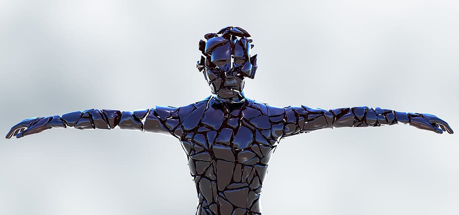 blue, black, man, standing, statue, android, robot, technology, cyborg, robotic