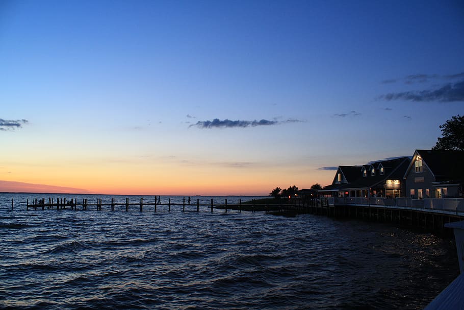 bay, sound, water, outer banks, sunset, dock, evening, sky, waves, ripple
