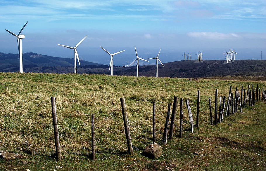 blue, sky, galicia, windmills, prado, nature, mills, power generation, ecology, landscape