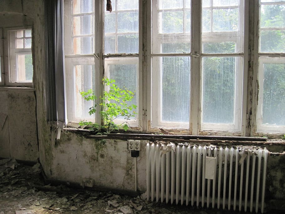 habitación, ventana, calefacción, planta, antiguo, roto, ligero, atmósfera, ruina, lugares perdidos