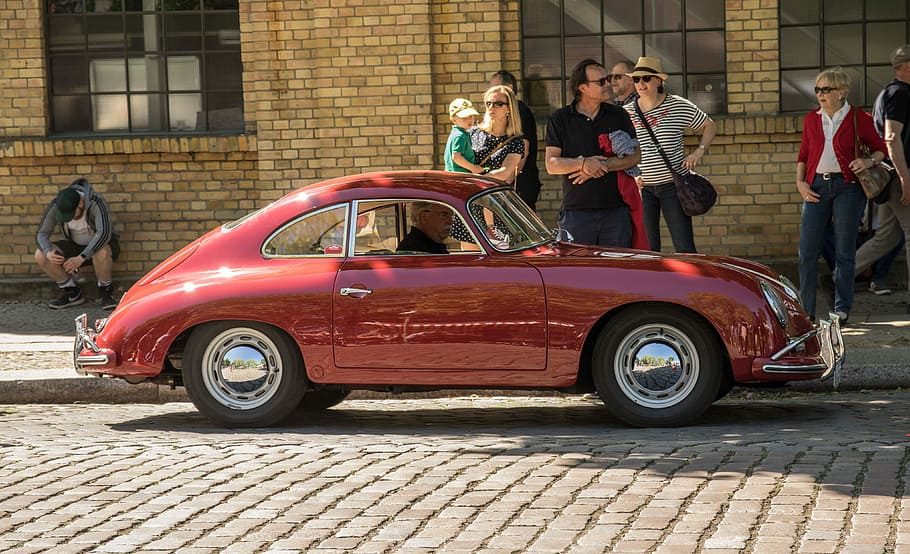 man, classic, red, coupe, parked, people, porsche, oldtimer, sports car, auto