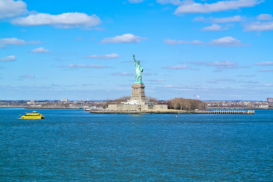 statue, liberty, new, york, water, sky, dom, usa, united states, clouds