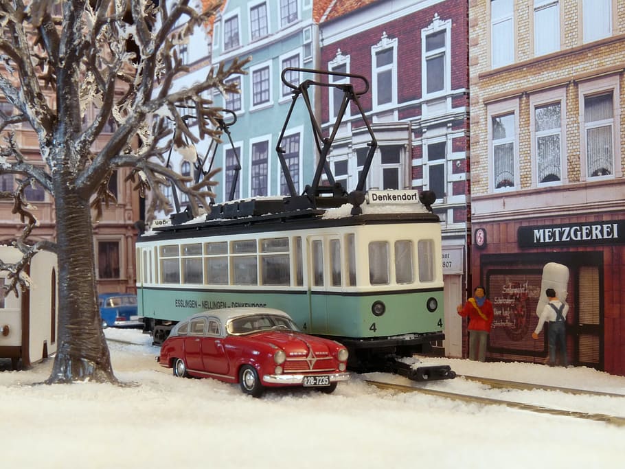 모델 기차, 모델 철도, 전차, scale h0, diorama, esslingen, denkendorf, 끝, 겨울, 모델 자동차