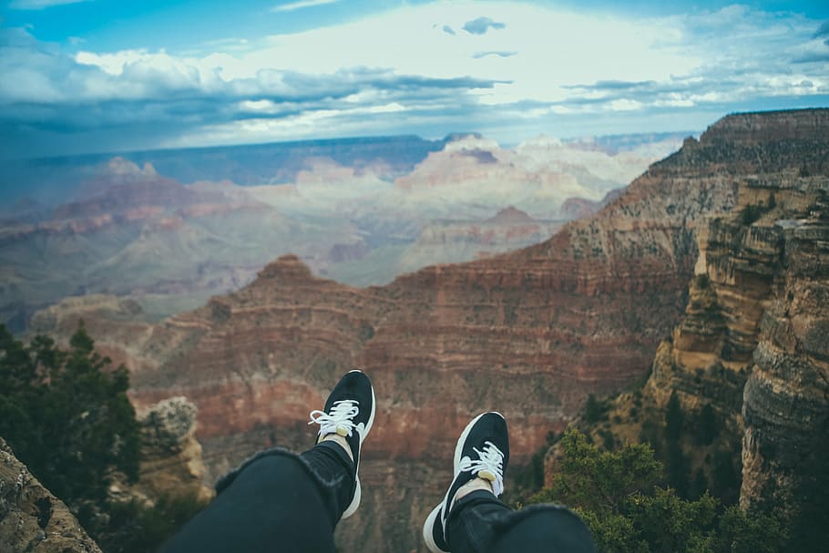 man, sitting, cliff, grand, canyon, mountain, highland, cloud, sky, summit