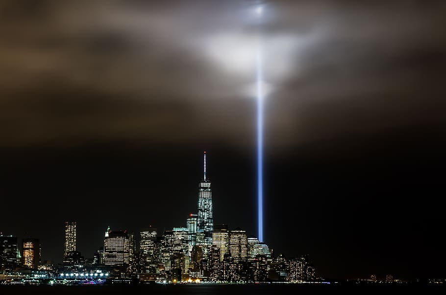 nyc, new york, manhattan, nyc downtown, sky, night, 911 memorial, 911 tribute in light, 9 11, the memorial plaza