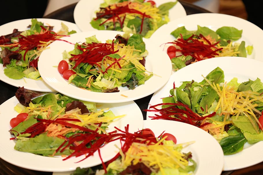 vegetable salads, white, plates, salad, catering, appetizer, dish, vegetable, lettuce, buffet