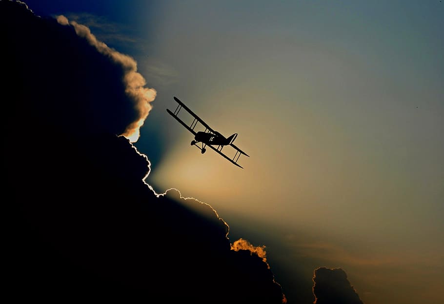 silhouette of biplane, aircraft, double decker, propeller plane, fly, flight, aviation, sky, clouds, weather