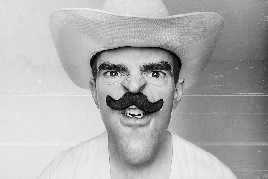 grayscale photography, man, cowboy hat, mustache, grayscale, photography, people, whimsical, lazy, costume