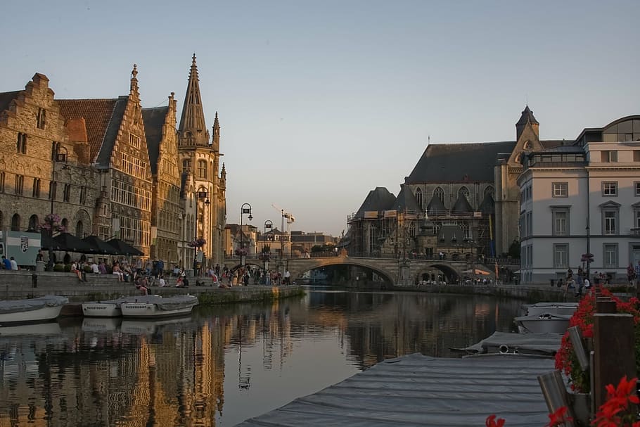 Gante, Bélgica, Europa, arquitectura, canal, medieval, histórico, río, europeo, Korenlei