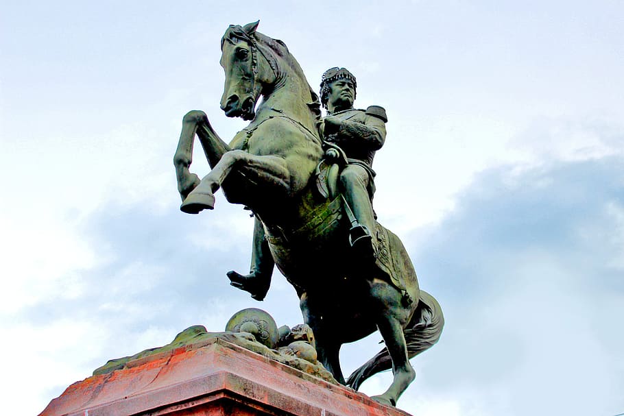 homem, montando, estátua do cavalo, Conquistar, Conquistador, Régua, Campeão, determinação, medalha, cavalo