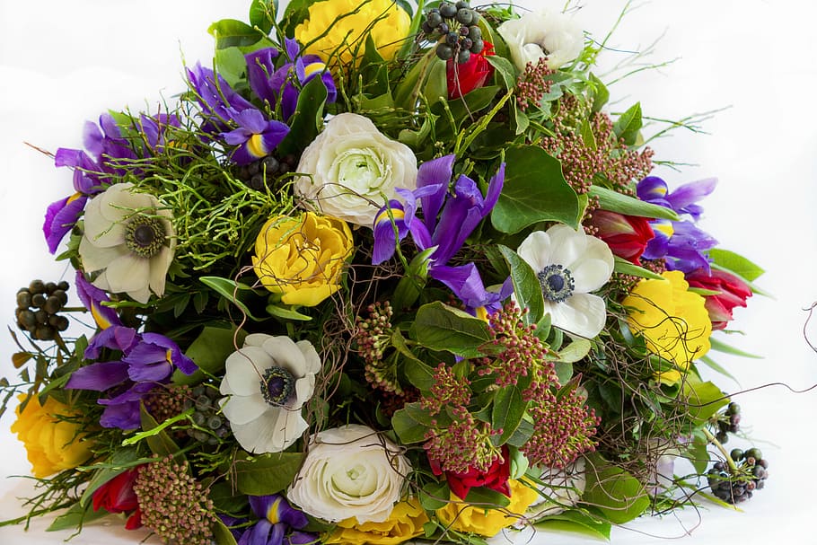 white, yellow, purple, petaled flowers bouquet, flower, bouquet, easter, colorful, give, spring flowers
