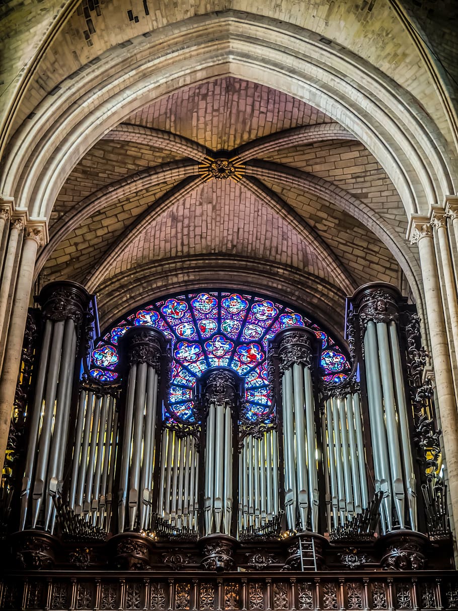 organ, paris, katedral, roset, jendela kaca patri, kolom, gereja, tua, bangunan tua, notredam