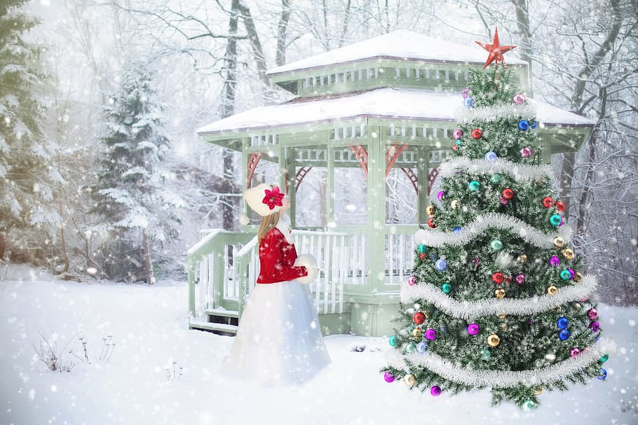 female, red, dress, front, christmas tree, gazebo, winter, christmas background, backdrop, christmas scene
