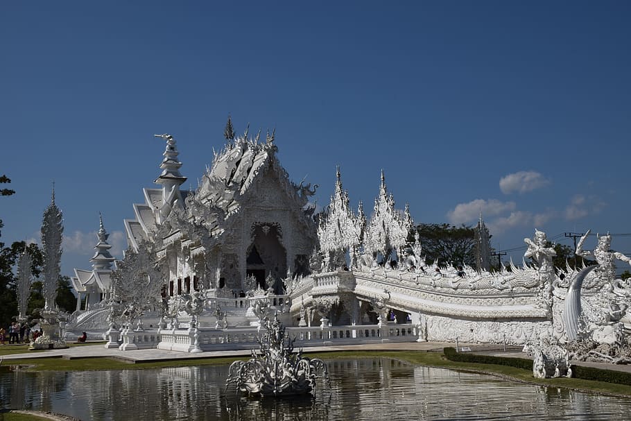 wat rong khun, the white temple, chiang rai, water, sky, architecture, nature, tree, built structure, plant
