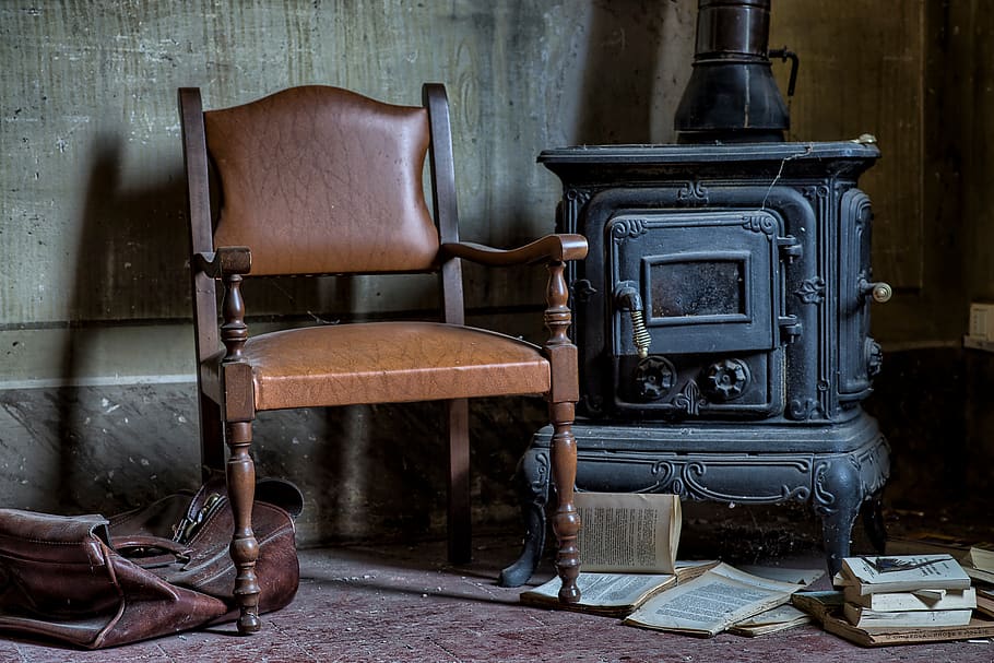 silla, viejo, papeles, libros, desorden, cajón, antigüedades, bolsa, pared, suciedad