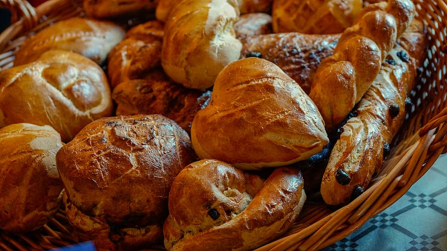 pastry lot, bread, basket, roll, food, staple, baked, brown, crust, fiber