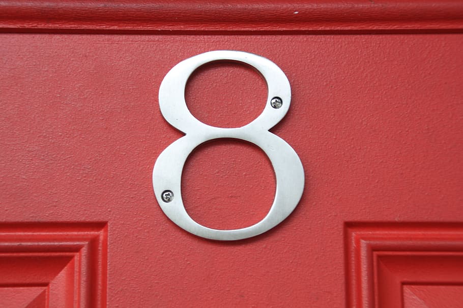 number 8 room number, wall, Number 8, Door, Close-Up, Metal, number, home, metallic, sign