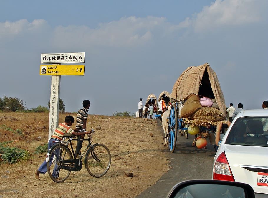 Aihole, Road, Karnataka, Bullock Cart, pedesaan, india, kereta, transportasi, mobil, hari