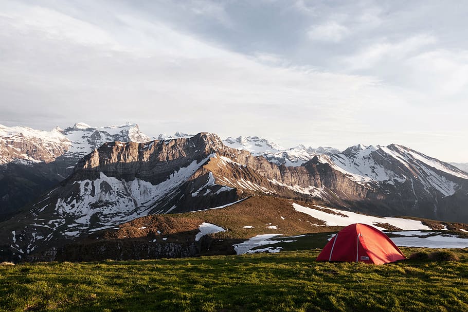 red, dome tent, brown, white, mountains, daytime, camping, cold, grass, landscape